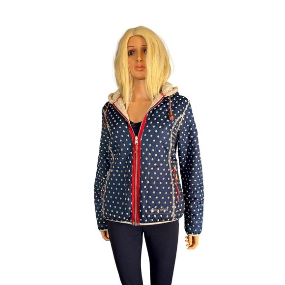 Almgwand Reversible Jacket Navy Polkadot/ Beige fleece S/M HTF - Picture 12 of 17